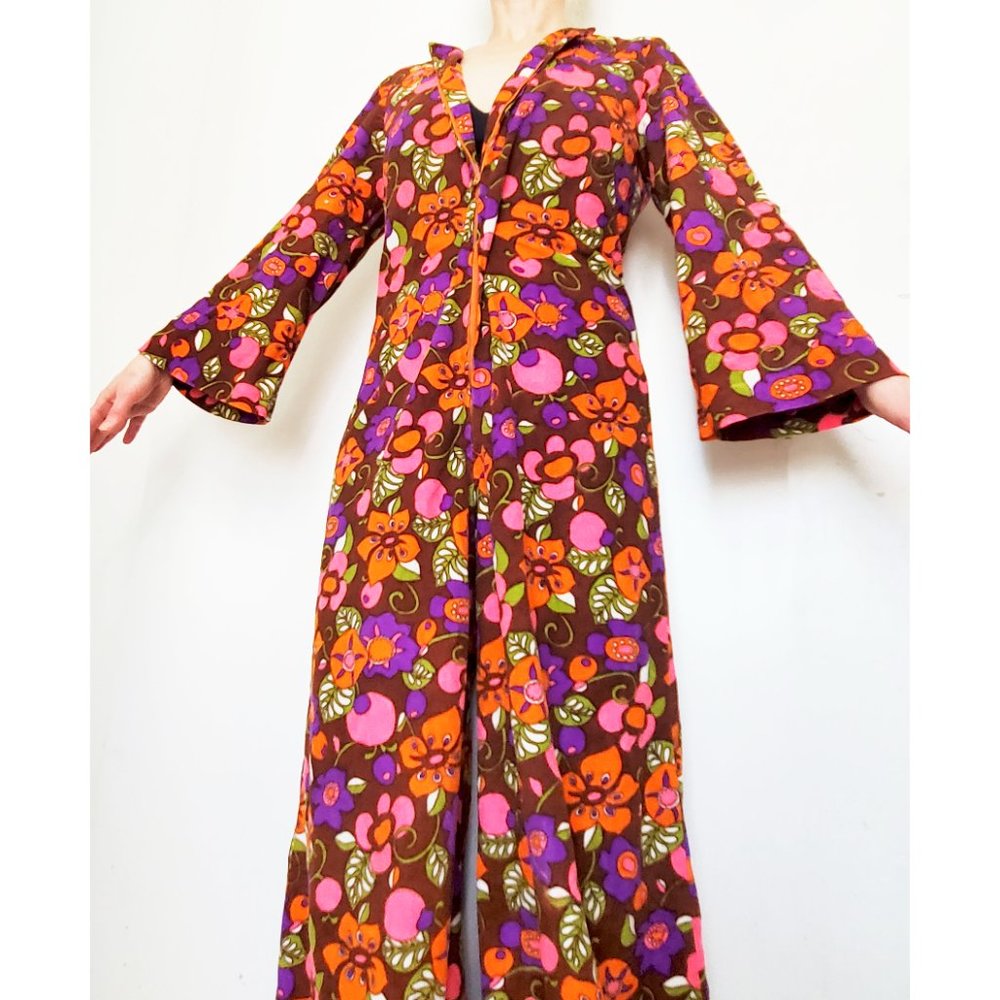 Vintage 60s 70s Womens Rare Psychedelic Floral Print Velour Jumpsuit Loungewear - Picture 3 of 13
